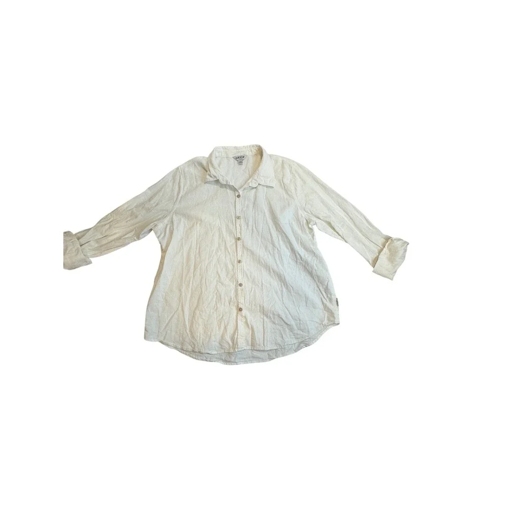 Orvis Classic Womens XL Linen Blend Button Down Shirt Cream Roll Tab Sleeves - Picture 2 of 7